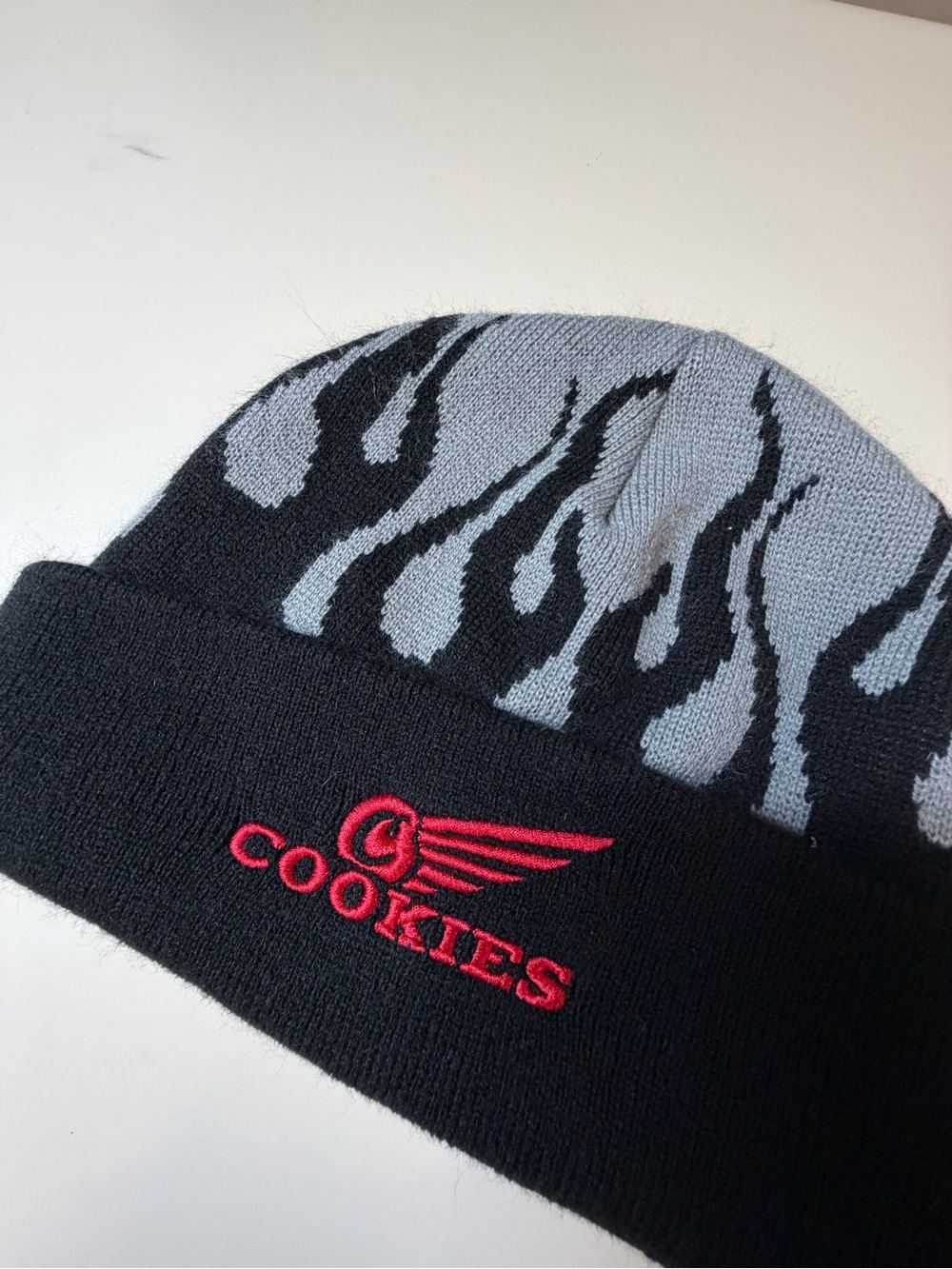 Cookies Men’s Black & Gray Flame Knit Beanie with Red Logo